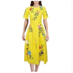 fanm mon aysin yellow floral embroidered short sleeve a line midi dress Small